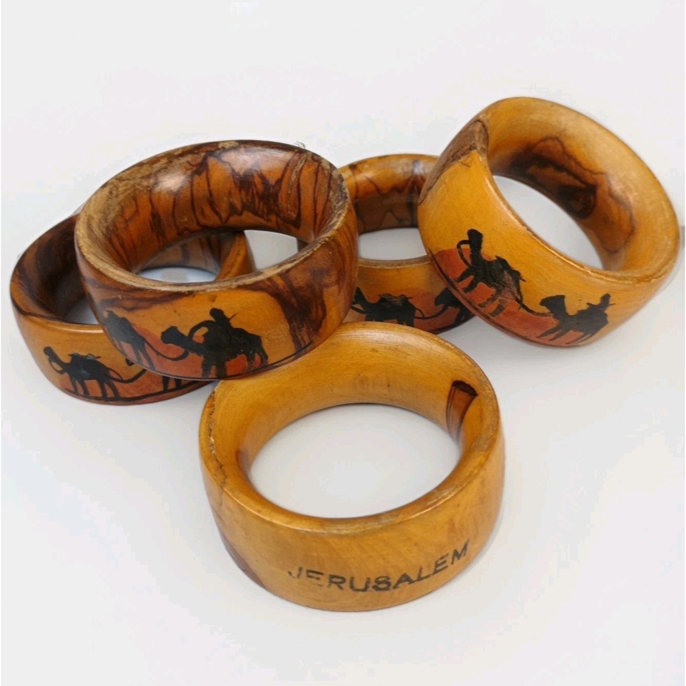 Set of 5 Vintage Boho Rustic Napkin Rings Jerusalem Natural Wooden